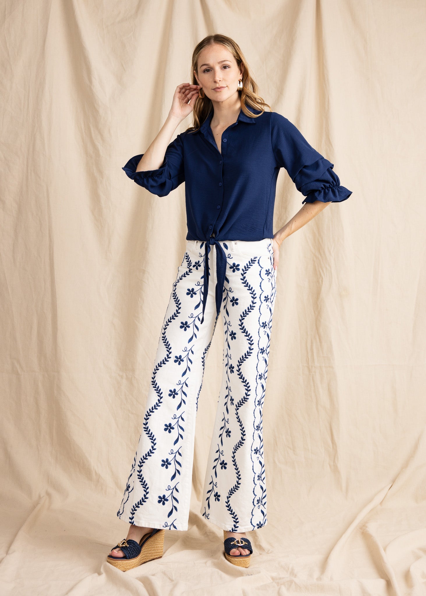 ZAURI women's collared button down ruffle sleeve tie front blouse - Yana K Collective