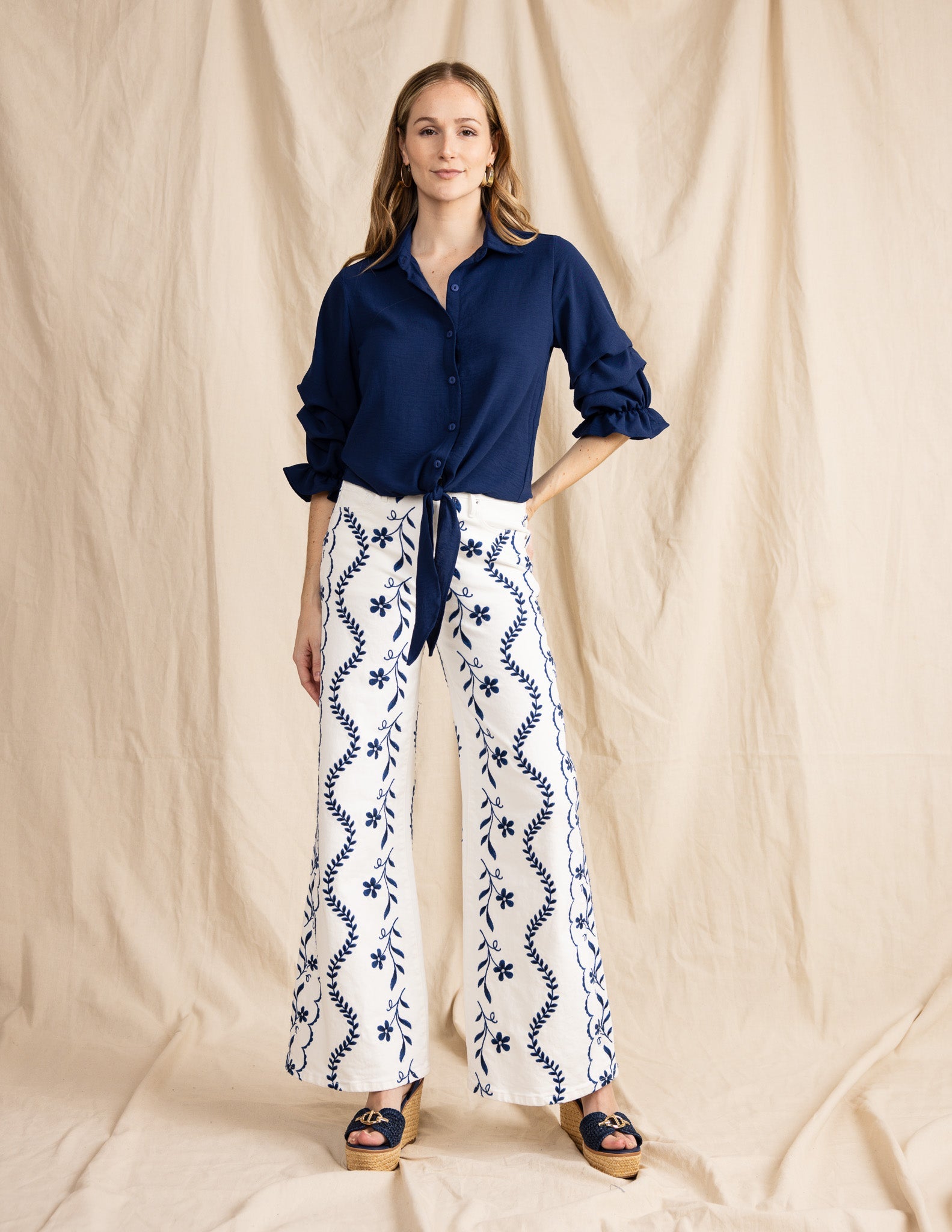 ZAURI women's collared button down ruffle sleeve tie front blouse - Yana K Collective