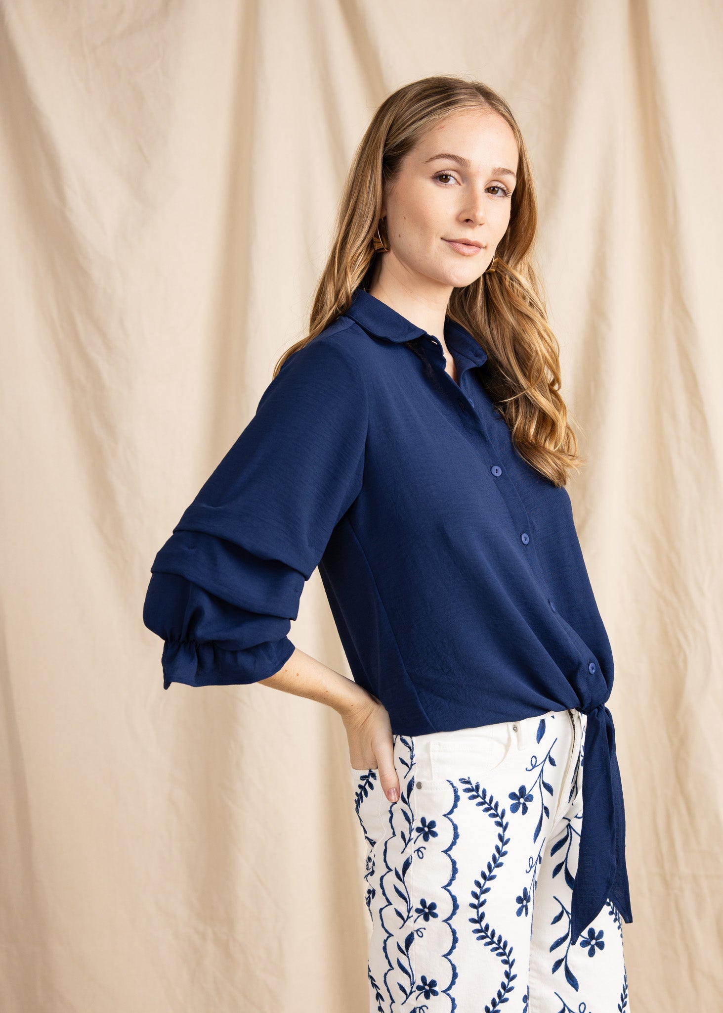 ZAURI women's collared button down ruffle sleeve tie front blouse - Yana K Collective