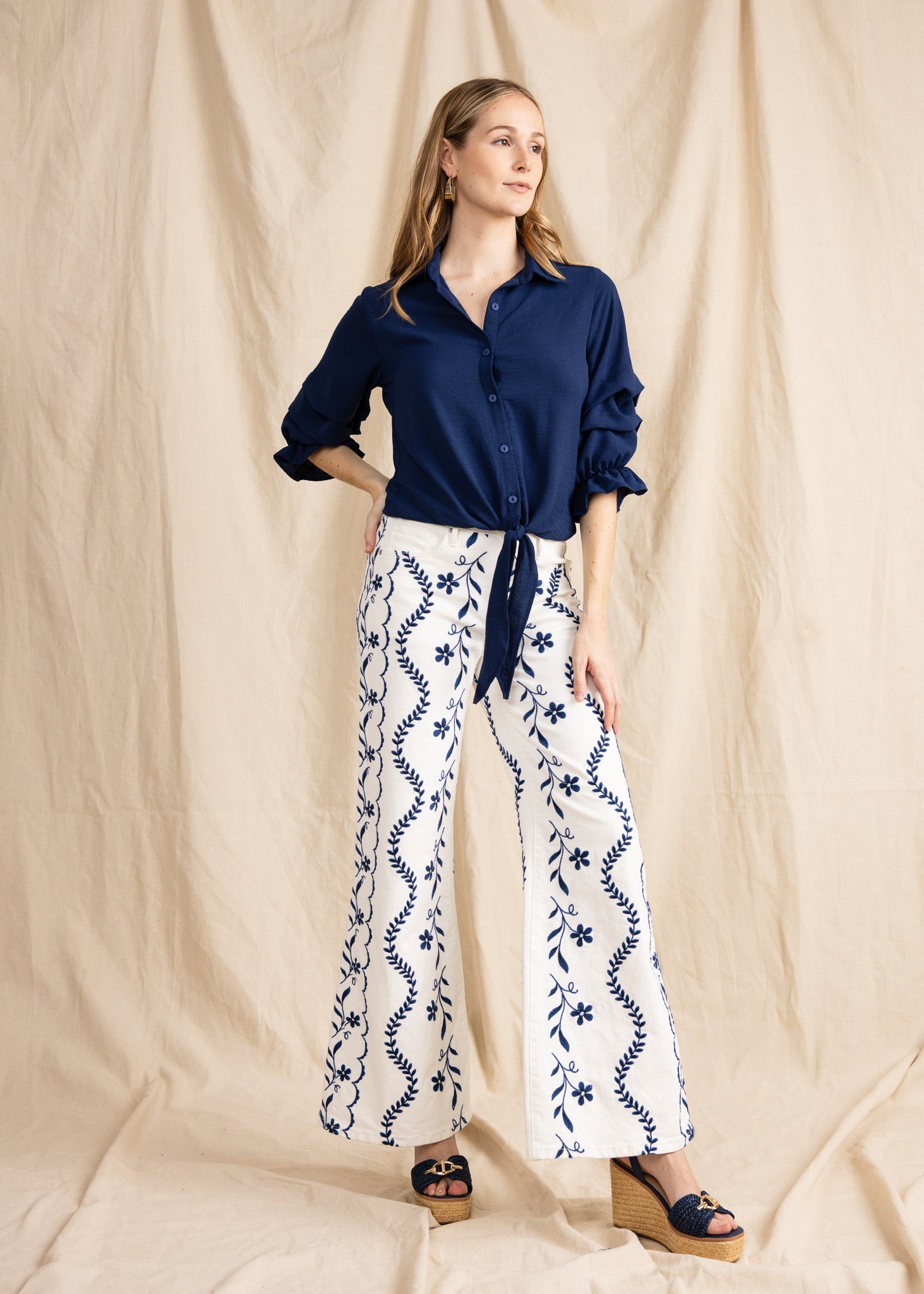 ZAURI women's collared button down ruffle sleeve tie front blouse - Yana K Collective