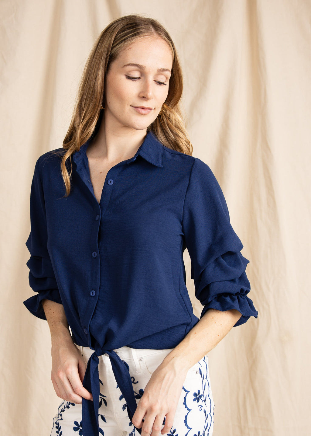 ZAURI women's collared button down ruffle sleeve tie front blouse - Yana K Collective
