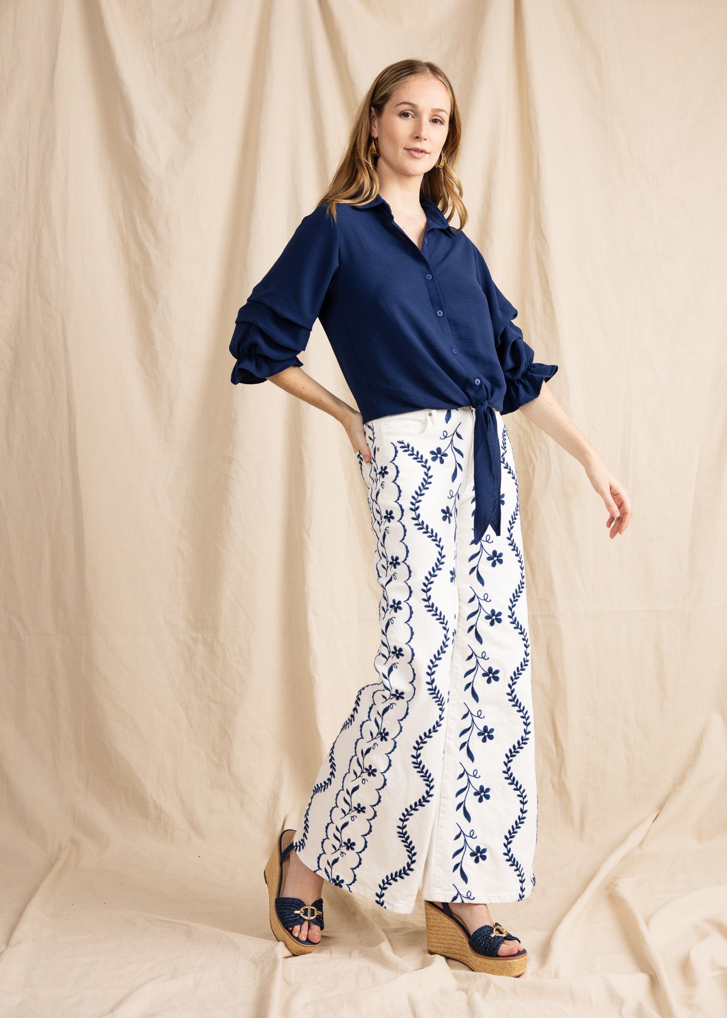 ZAURI women's collared button down ruffle sleeve tie front blouse - Yana K Collective