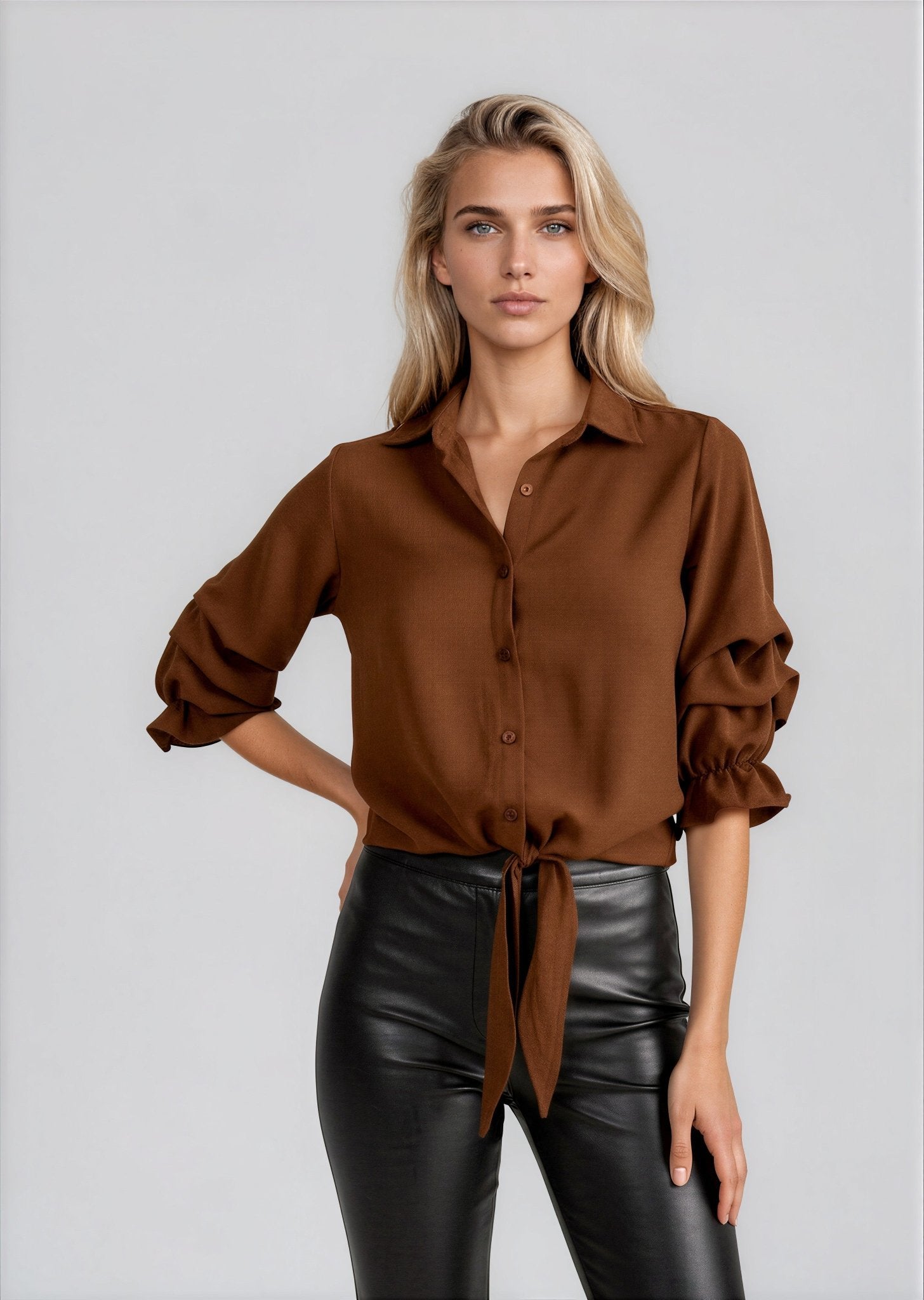 ZAURI women's collared button down ruffle sleeve tie front blouse - Yana K Collective